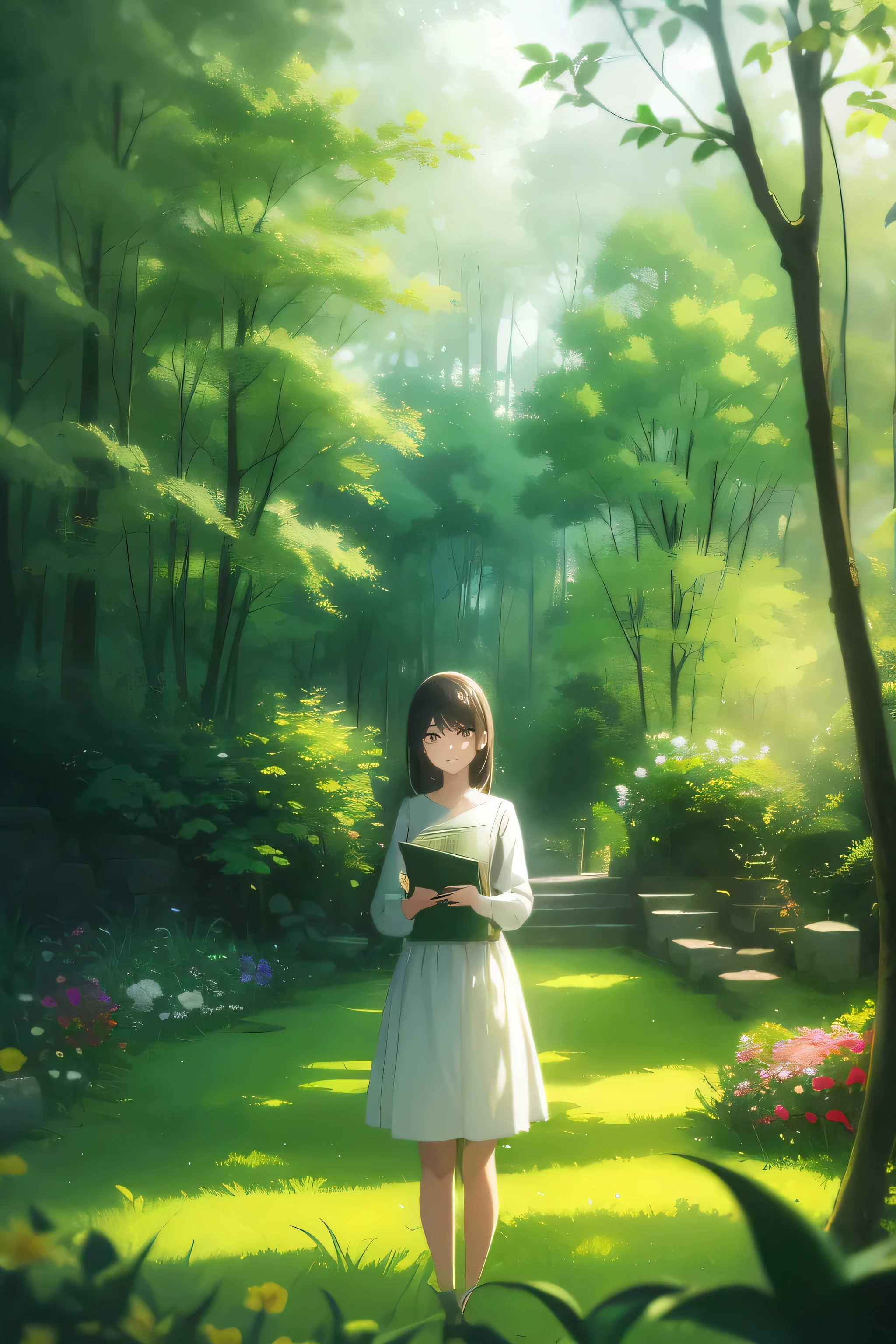 The Morning Bloom, Guardian of the Herbalist's Circle. Eirlys is a gentle soul with a deep respect for the natural world and its secrets.
Prompt: 1girl, standing, outdoor setting, garden, greenery, flowers, sunlight, warm atmosphere, smiling, looking down, holding a book, casual clothing, grass, outdoor furniture, serene, peaceful, outdoor, nature, soft focus, blurred background, green grass