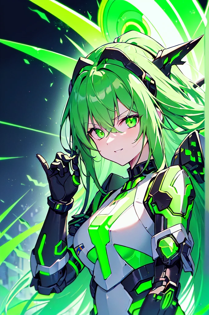 (((masterpiece))), (upper body), 1girl, solo, Green hair, long hair, Green eyes, (slant eyes), science fiction, (mecha musume:1.5), mechanical parts, headgear, doragon mechanical tails, ((mechanical Black dragon Armor)), Evil smile face, (((neon light green))), Anime style