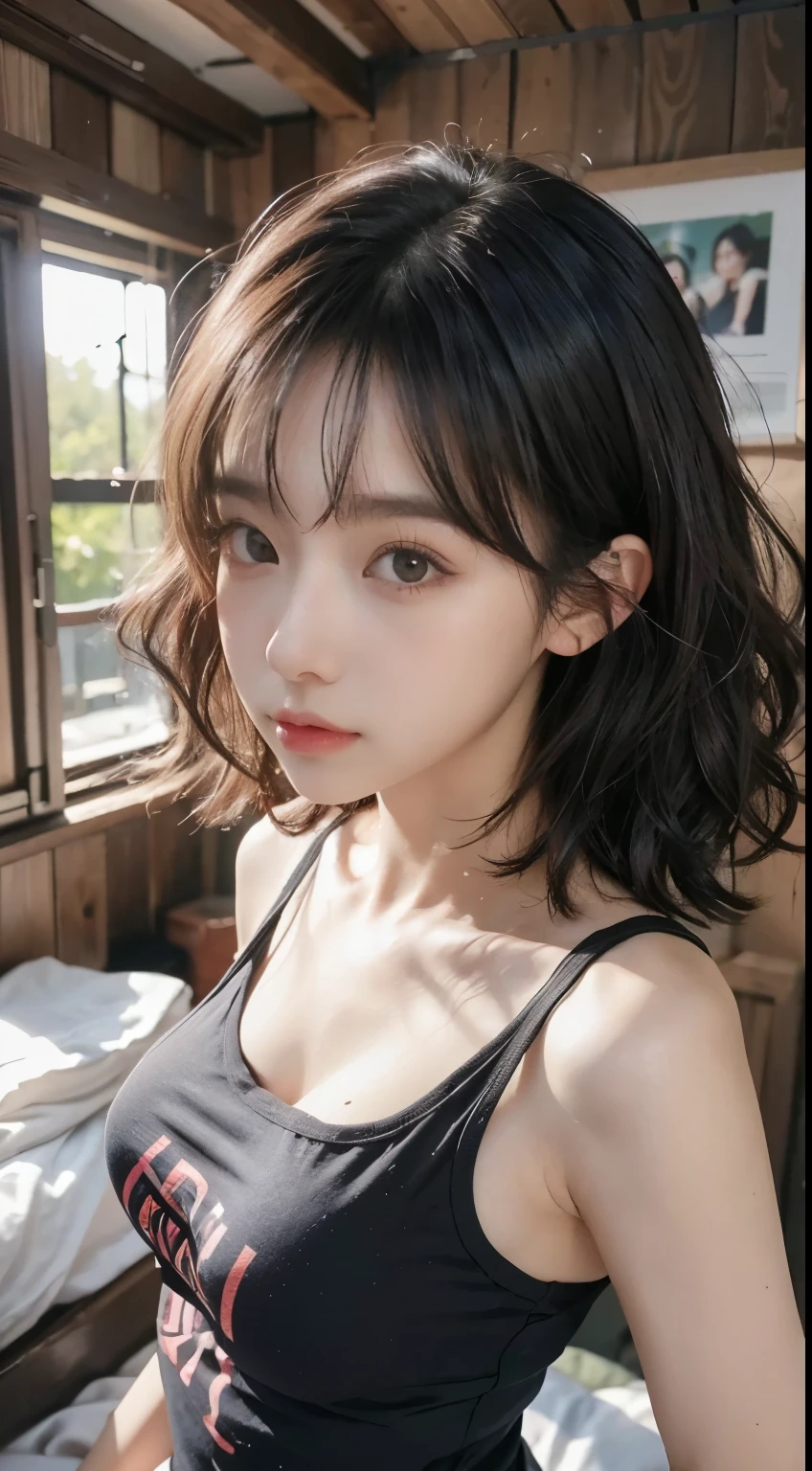 Best image quality、raw photo、Ultra A high resolution、Cute 18-year-old girl、A shot just for one person、big round breasts、Black Tank Top、A beautiful eye for detail、Very narrow eyes、beautiful eyelashes、beautiful double eyelids、Lie back on the big bed、white bed、short and detailed hair、short bob