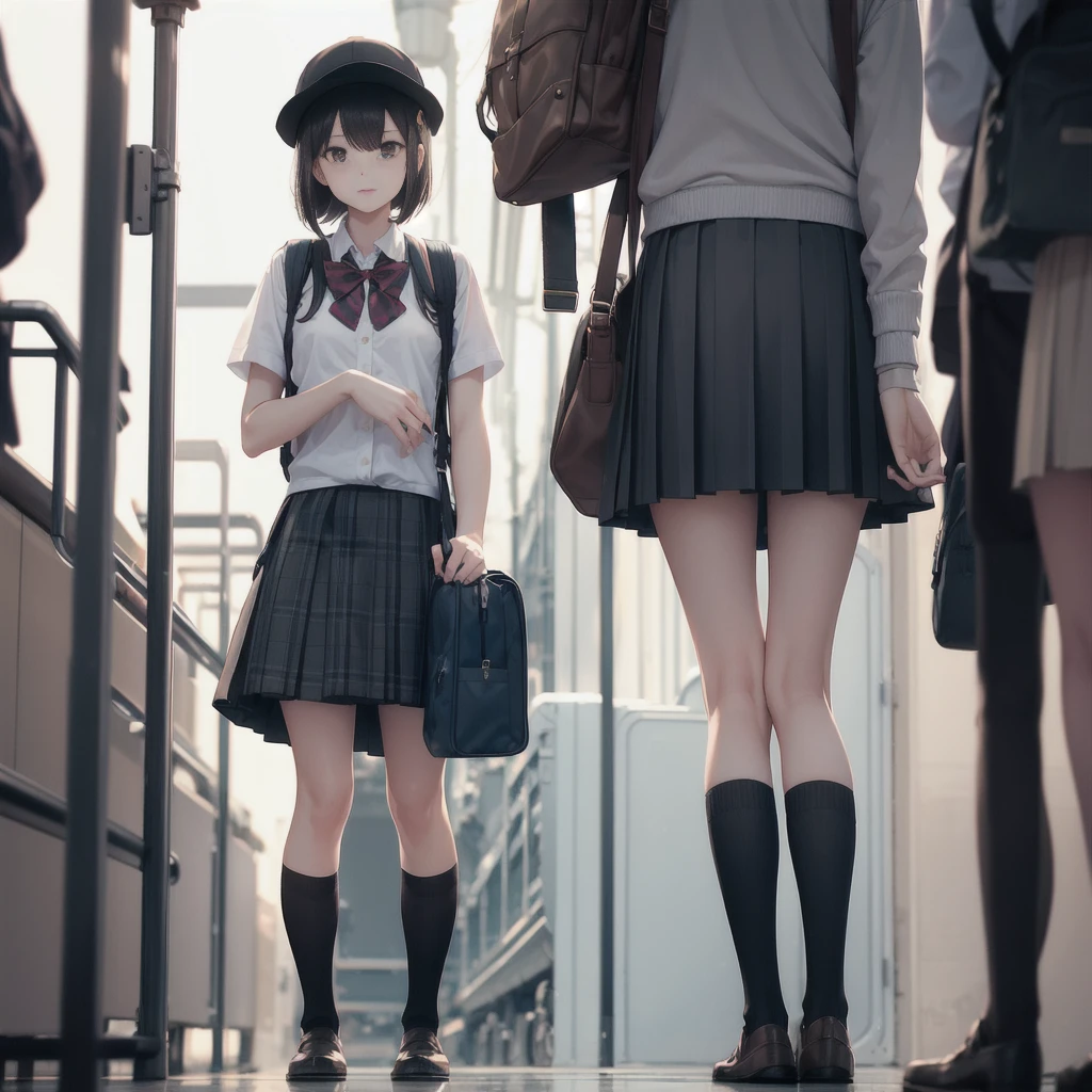 Man standing next to a train々Group of, photograph, Wearing a skirt and knee-high socks, school bag, Sexy Style, Blur, Two Women, photograph, Atmospheric, Skirt lining, angle:Directly below, Being molested,
