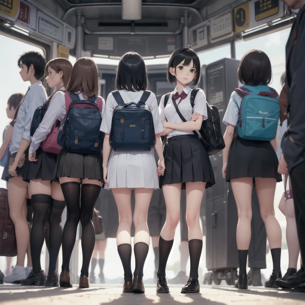 Man standing next to a train々Group of, photograph, Wearing a skirt and knee-high socks, school bag, Sexy Style, Blur, Two Women, photograph, Atmospheric, Skirt lining, angle:Directly below
