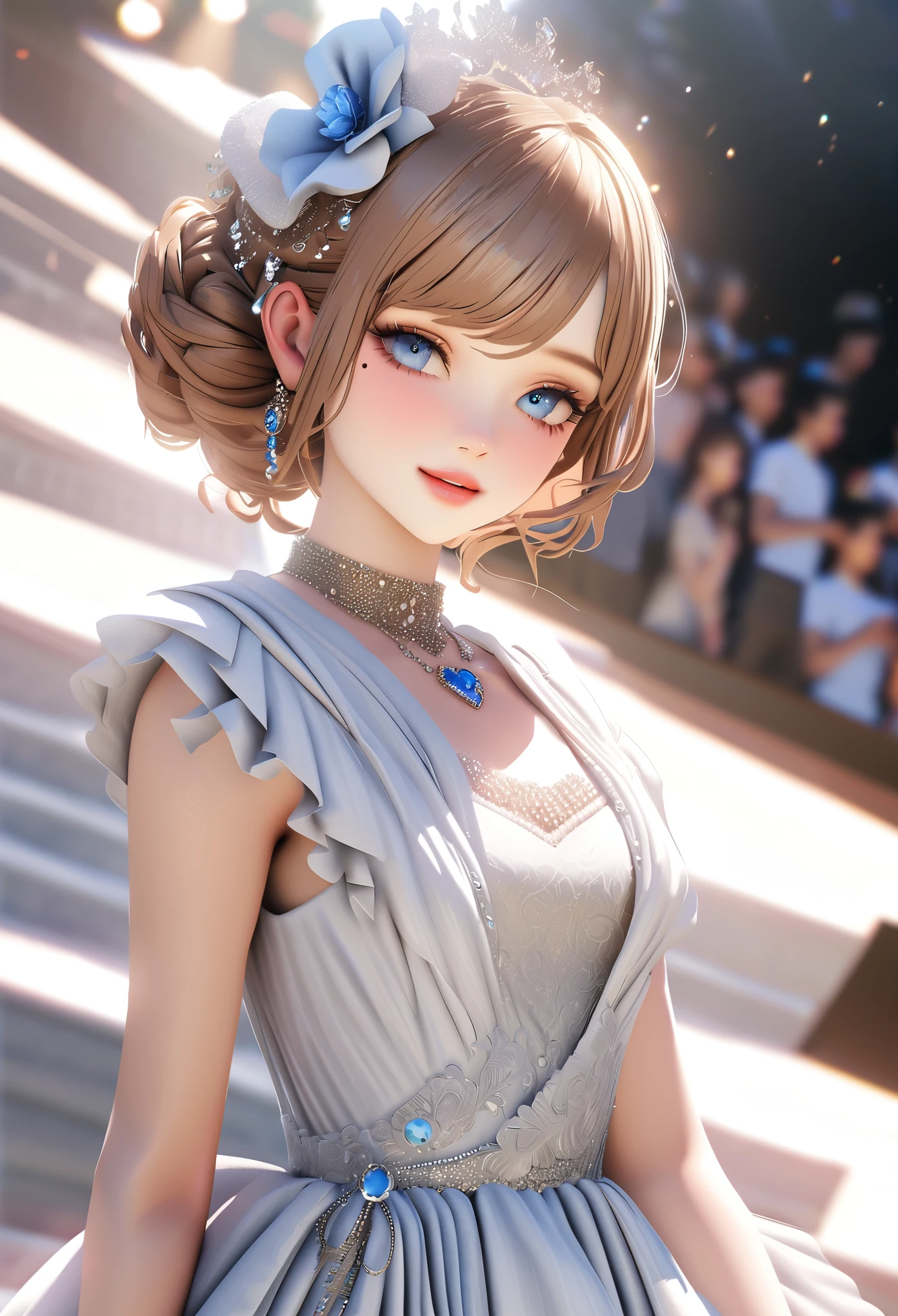 One girl, looking at the audience,
beautiful blue eyes, brown short hair, mole under eye, plump glossy lips, heart shaped choker, idol, smiling, . . . . 3D, realistic,
princess dress with too many frills, draped clothes, jewels, embellishments stripped away, floral patterns, lace trim, bright stage,
masterpiece, best quality, 8k, detailed skin texture, detailed fabric texture, beautifully detailed face, intricate details, highly detailed,
ultra high resolution, 8K Ultra HD, film grain, best shadows, delicate, looking at the audience, front