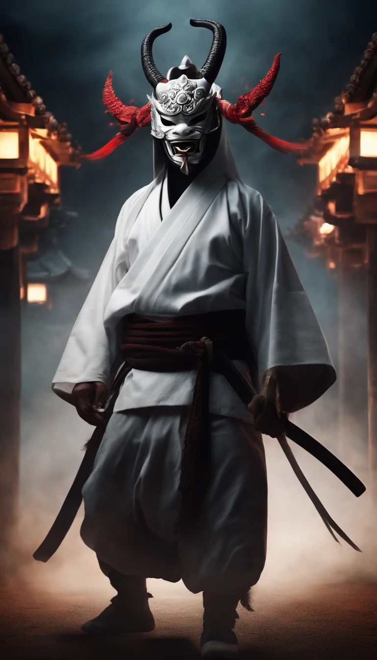 a white ninja with a Japanese oni mask, com uma roupa preta, menacingly