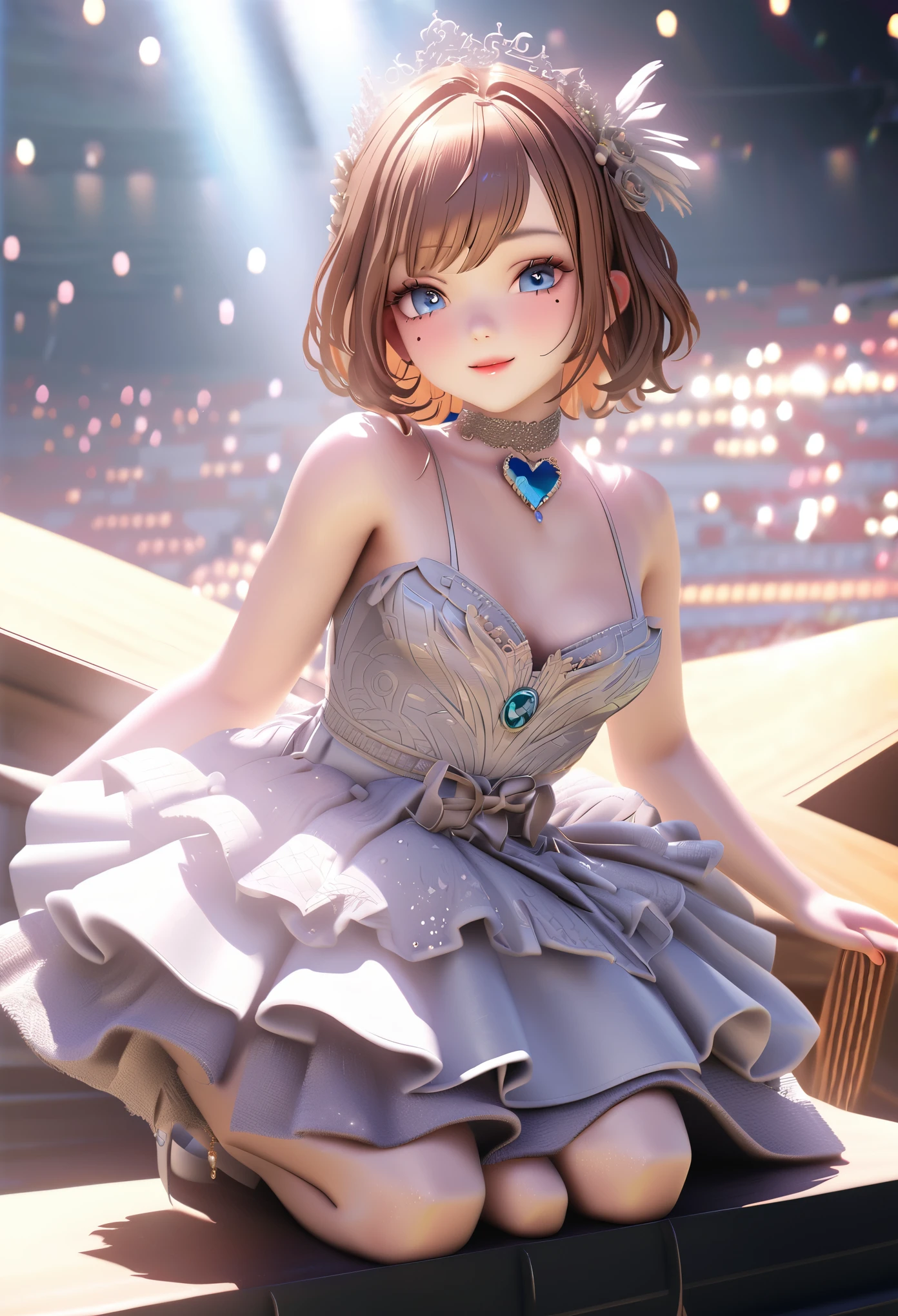 One girl, looking at the audience,
beautiful blue eyes, brown short hair, mole under eye, plump glossy lips, heart shaped choker, idol, smiling, . . . . 3D, realistic,
princess dress with too many frills, draped clothes, jewels, embellishments stripped away, floral patterns, lace trim, bright stage,
masterpiece, best quality, 8k, detailed skin texture, detailed fabric texture, beautifully detailed face, intricate details, highly detailed,
ultra high resolution, 8K Ultra HD, film grain, best shadows, delicate, looking at the audience, front
