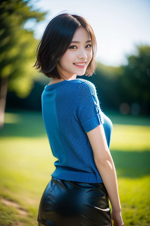 a gorgeous lady, age 22, sky-blue Knit T-shirt and black miniskirt, under night sky, natural pose, dimpled smile, short bob hair, cute snaggleteeth, well-endowed round bosom, photorealistic, beautiful detailed eyes, hyper-realism, high contrast, ultra HD, realistic skin textures, top image quality, top-quality, super high resolution, fine details, very meticulously, bokeh background, beautiful back