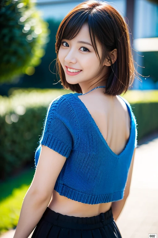 a gorgeous lady, age 22, sky-blue Knit T-shirt and black miniskirt, under night sky, natural pose, dimpled smile, short bob hair, cute snaggleteeth, well-endowed round bosom, photorealistic, beautiful detailed eyes, hyper-realism, high contrast, ultra HD, realistic skin textures, top image quality, top-quality, super high resolution, fine details, very meticulously, bokeh background, beautiful back