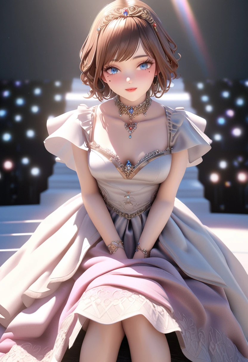 One girl, looking at the audience,
beautiful blue eyes, brown short hair, mole under eye, plump glossy lips, heart shaped choker, idol, smiling, . . . . 3D, realistic,
princess dress with too many frills, draped clothes, jewels, embellishments stripped away, floral patterns, lace trim, bright stage,
masterpiece, best quality, 8k, detailed skin texture, detailed fabric texture, beautifully detailed face, intricate details, highly detailed,
ultra high resolution, 8K Ultra HD, film grain, best shadows, delicate, looking at the audience, front