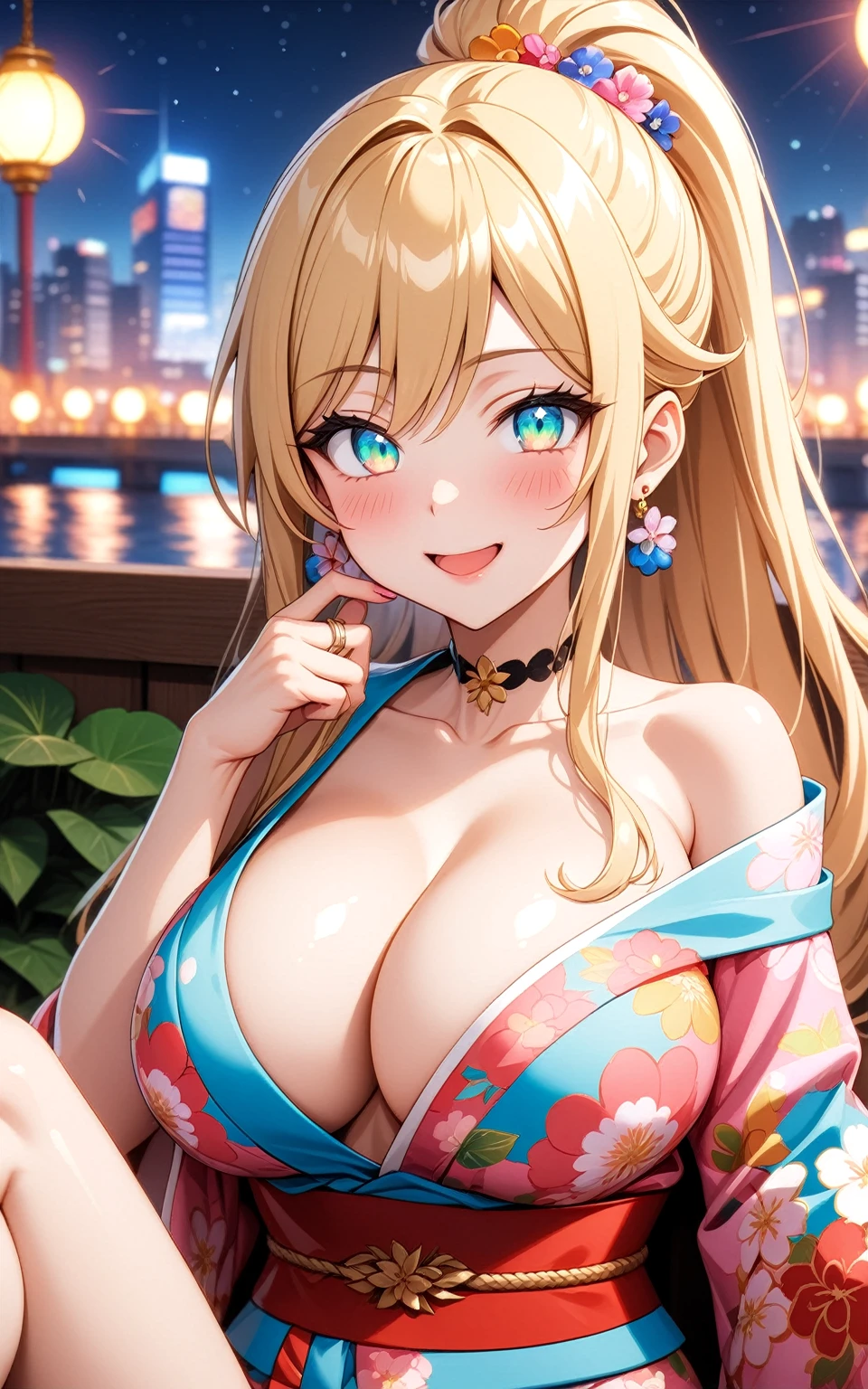 ((one personの女性)), Beautiful Face, Laughing embarrassedly,((Wink:2.3)),((Breastfeeding:1.3)),Laughing with your mouth open,((Red cheeks:1.4)),Glossy pink lips,night,rooftop,Festive decorations,You can see the ocean, firework,((Anime style background)),masterpiece, highest quality, so beautiful, Latest, Complex details, (Pink long nails),(ring),(flower bracelet),Floral choker,AI-generated, Complex,High resolution, highest quality, super high quality,3D Images、View your viewers、3D Images,one person,Long Blonde Hair,High Ponytail,Turquoise Eyes,Anime woman posing for a photo, (Fine grain,Colorful eyes,Shining Eyes:1.5),(Squint your eyes:1.1),a hyperRealistic , hyperRealistic , Realistic,Blonde anime woman with long hair, Smooth anime CG art, A woman in a colorful kimono with gold embroidery, (Pink kimono),Red floral pattern,Long flower hair ornament,Large floral earrings,(ring),(Big Breasts:1.1),Mature Body,Tall,Big Ass,Narrow waist,Abdominal muscles,(Zoom in on face:1.1),Lie on the sofa