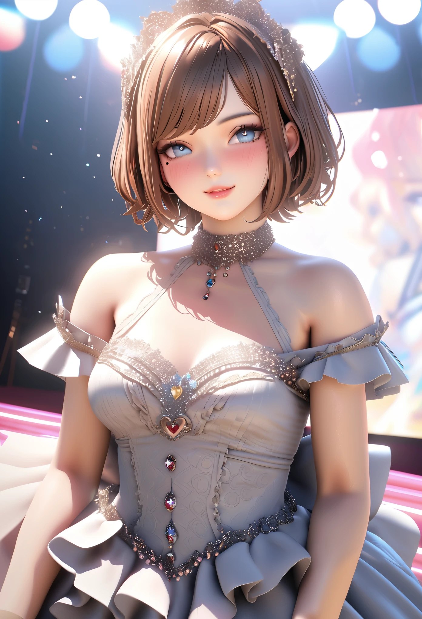 One girl, looking at the audience,
beautiful blue eyes, brown short hair, mole under eye, plump glossy lips, heart shaped choker, idol, smiling, . . . . 3D, realistic,
princess dress with too many frills, draped clothes, jewels, embellishments stripped away, floral patterns, lace trim, bright stage,
masterpiece, best quality, 8k, detailed skin texture, detailed fabric texture, beautifully detailed face, intricate details, highly detailed,
ultra high resolution, 8K Ultra HD, film grain, best shadows, delicate, looking at the audience, front