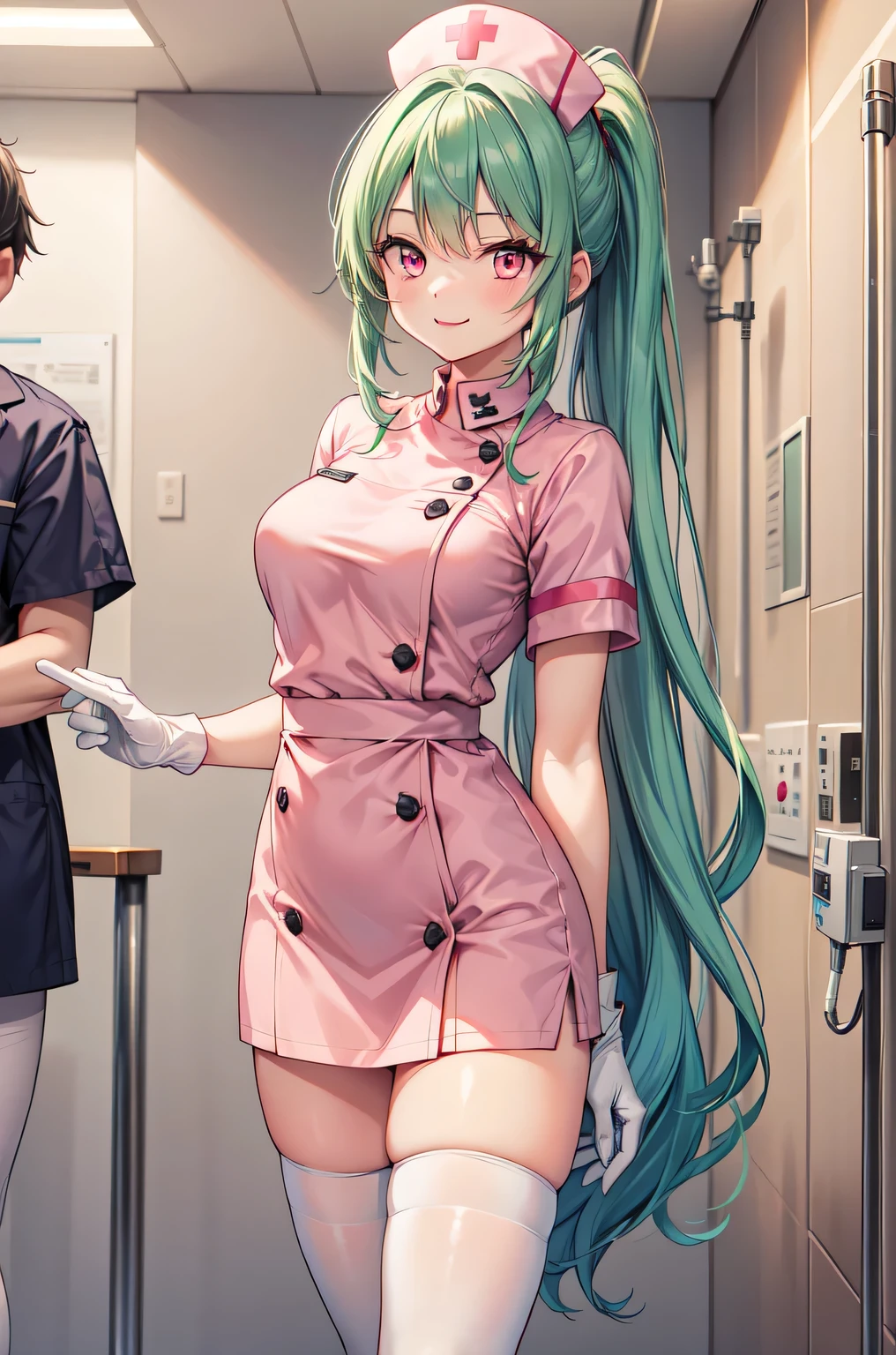 1girl, solo, nurse, nurse cap, white nurse uniform, ((white legwear, zettai ryouiki)), white gloves, ponytail, green hair, pink eyes, smile, standing, ((hospital room)), sharp outline, short sleeves, best quality, masterpiece