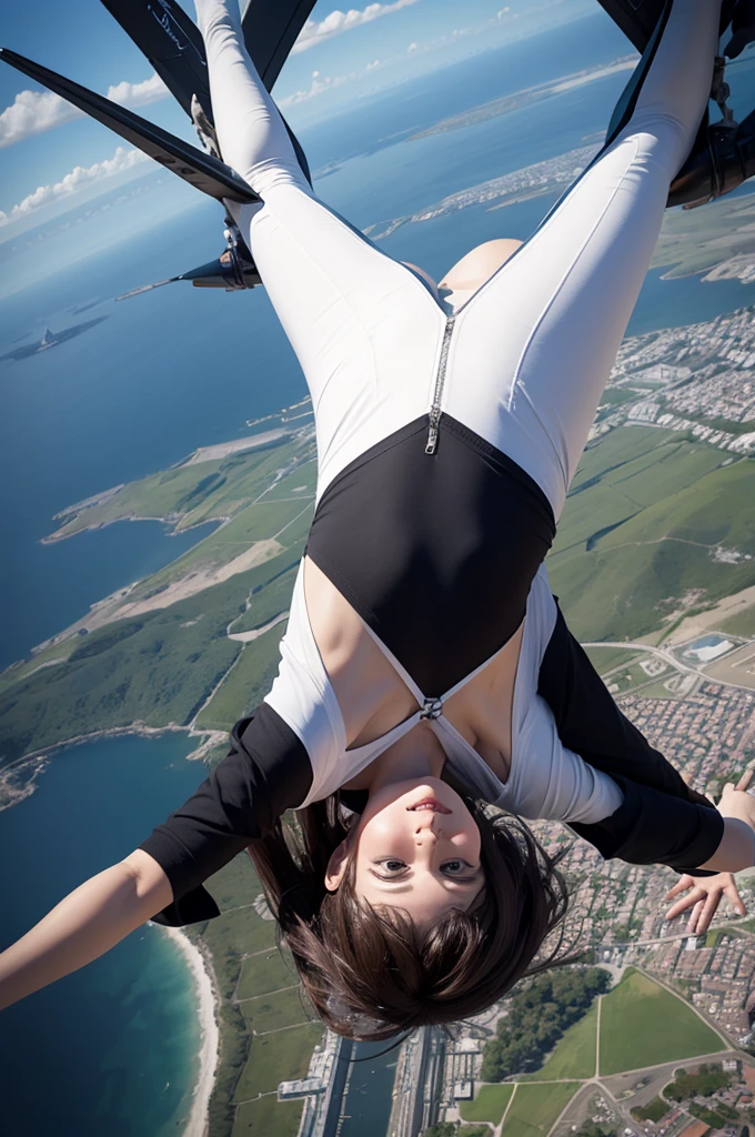 Ultra-realistic minimal common woman walking upside down with a mini skirt