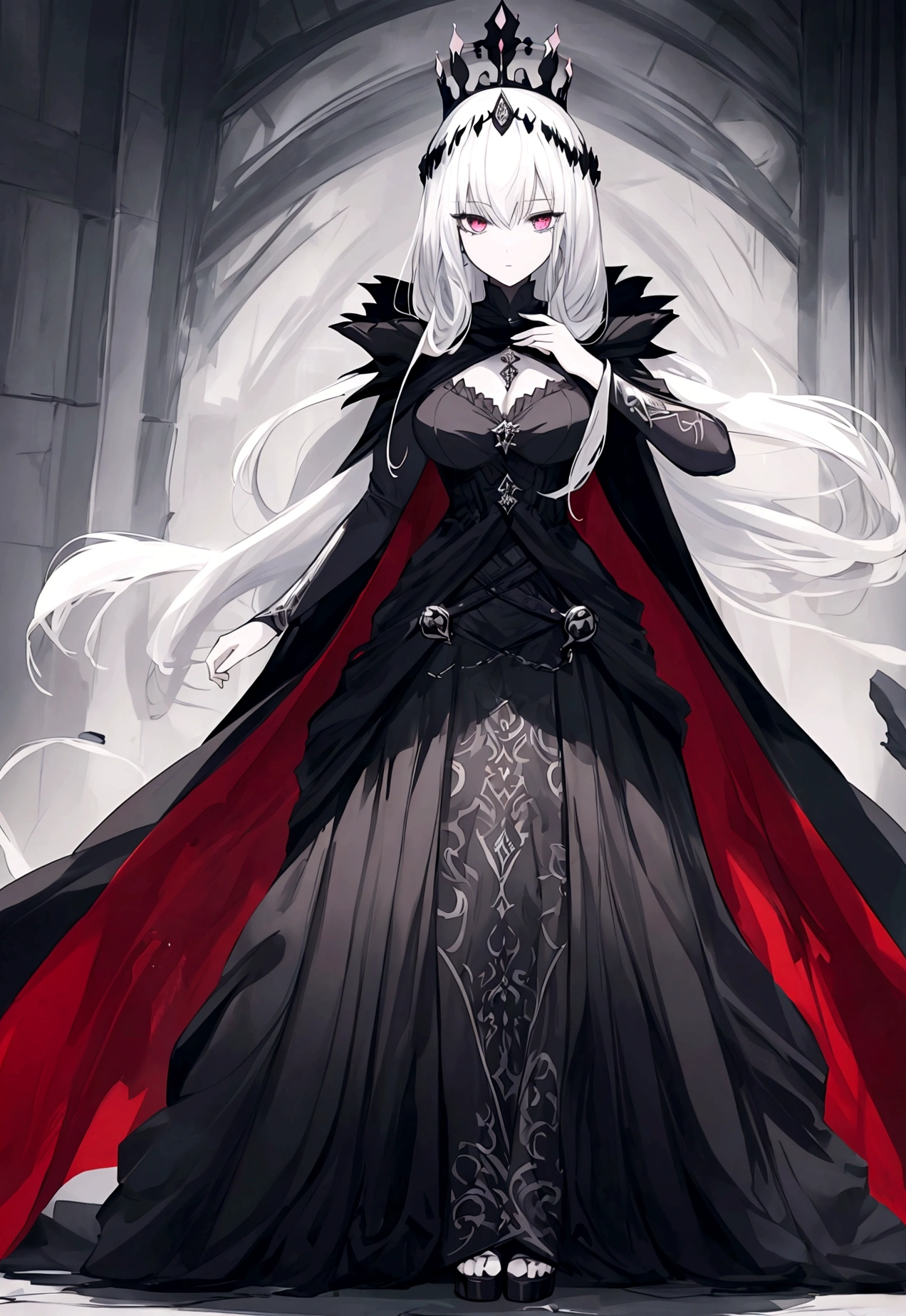 drawing of a woman in a long cape and black and white dress, crown on head, Full review, dark fantasy character design, interesting character design, queen, warrior character,The Dark Goddess, best anime character design, Anime girl, dark sorceress fullbody pose
