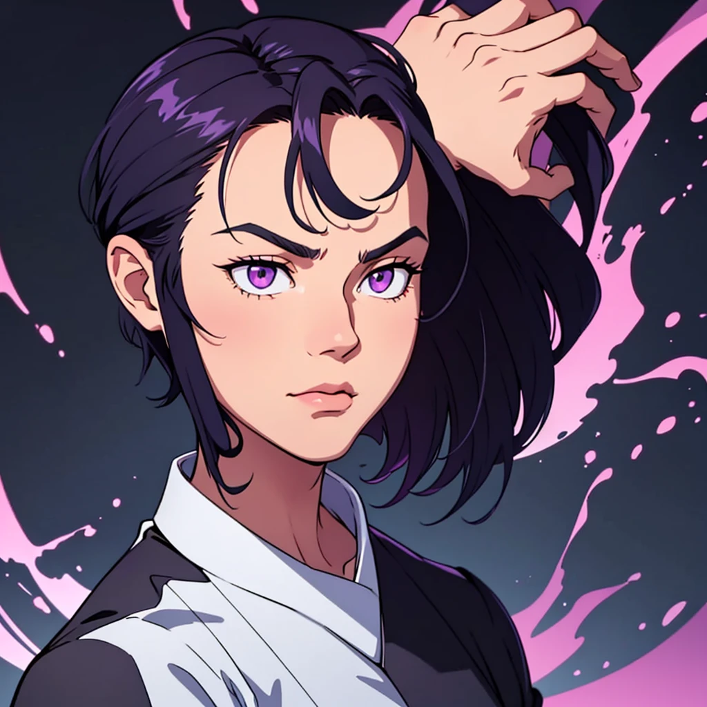 short black hair, highres, high resolution, masterpiece, wide purple eyes, talking, stoic, confident, masterpiece, best quality, highres, 1 man, Geto Suguru jujutsu kaisen, straight hair, short hair, slicked back hair, spikey hair, pushed back hair, shorter hair, spikey hair ends, black hair, short hair, 2 strands in front of face, 2 strands in front, 2 long strands in face, 2 longest strands in face, neatly trimmed hair sides, clean hair sides, short hair sides, no hair on side of head, bare side of head, no hair on side, well groomed hair, clean hair, neat hair ager, colorful hair, light background, full body, teen, colorful parts, symbols, dark , bold, realistic mixing dark lines and loose lines, bold lines, on paper, human man, full body, intimidating pose, stylish outfit, dark theme, beautiful, pretty, modest, standing, male, sharp chin, high cheekbones, white background, highres, high resolution, masterpiece