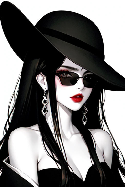 1girl, sunglasses, solo, hat, lipstick, red lips, long hair, dress, plunging neckline, makeup, monochrome, white background, earrings, cleavage, jewelry, upper body, spot color, hair over shoulder,dark theme,shiny,shiny skin,milf,(mature female:1.2), 