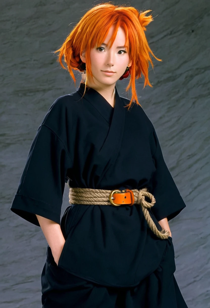 A Ghibli's studio character. With messy orange hair and dark large clothes. Her belt is a rope and she wear very noticeable earrings