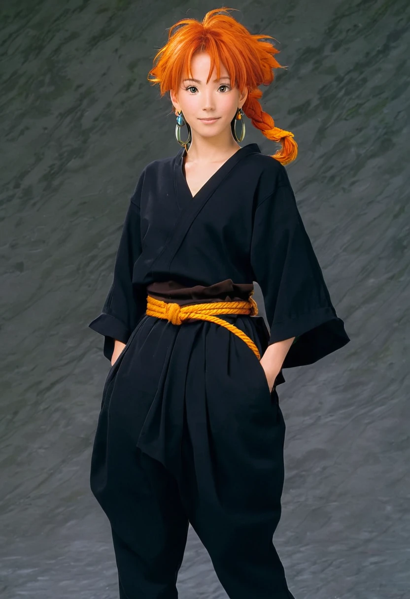 A Ghibli's studio character. With messy orange hair and dark large clothes. Her belt is a rope and she wear very noticeable earrings 