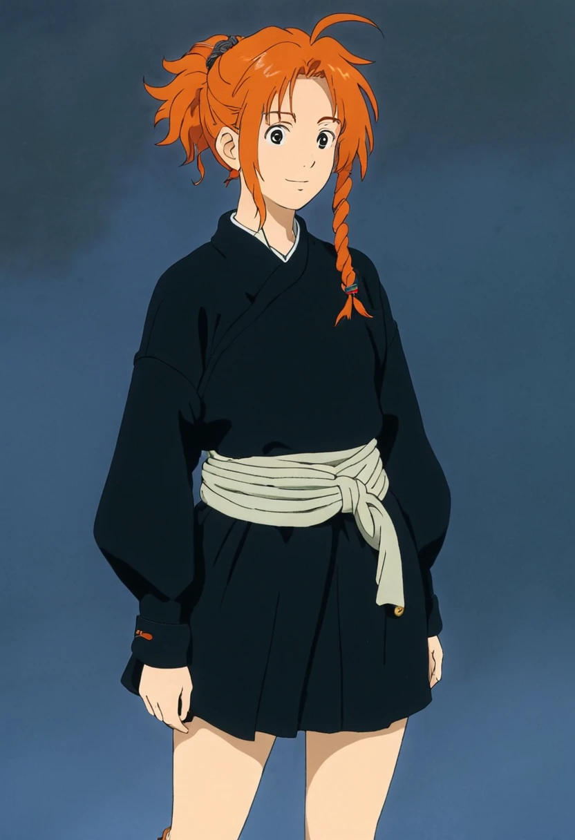 A Ghibli's studio character. With messy orange hair and dark large clothes. Her belt is a rope and she wear very noticeable earrings 
