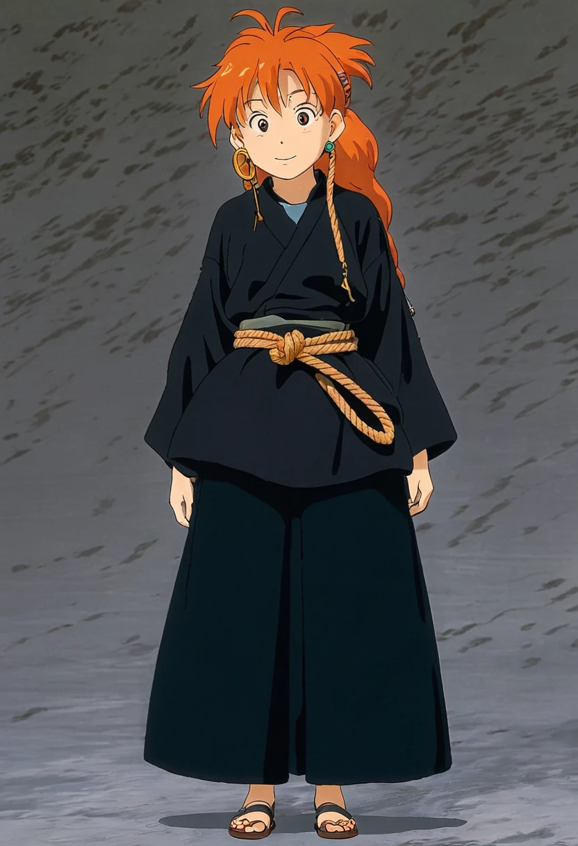 A Ghibli's studio character. With messy orange hair and dark large clothes. Her belt is a rope and she wear very noticeable earrings
