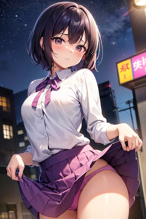 alone,(((Anime Style:3,Mature Woman,Shyness,flat chest:1.3,80 years old,Fat))),Red face,Black Hair,Watery eye,Shyness,short hair,Downtown street corner at night,Put your arms behind your back,Checkered purple micro mini skirt,Knee-high socks,Absolute area,Blouses in random colors,((She lifts her skirt to show off her sexy panties:1.3)),