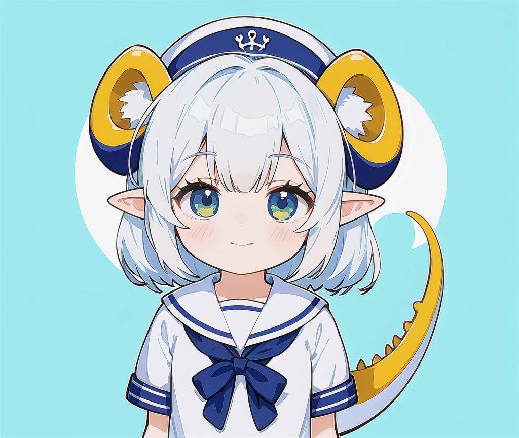 1 girl, elf ears, dinosaur tail, sailor suit, ,Positive face,Full body shot of the character,Stay,silver hair,simple background(Character division reference image)