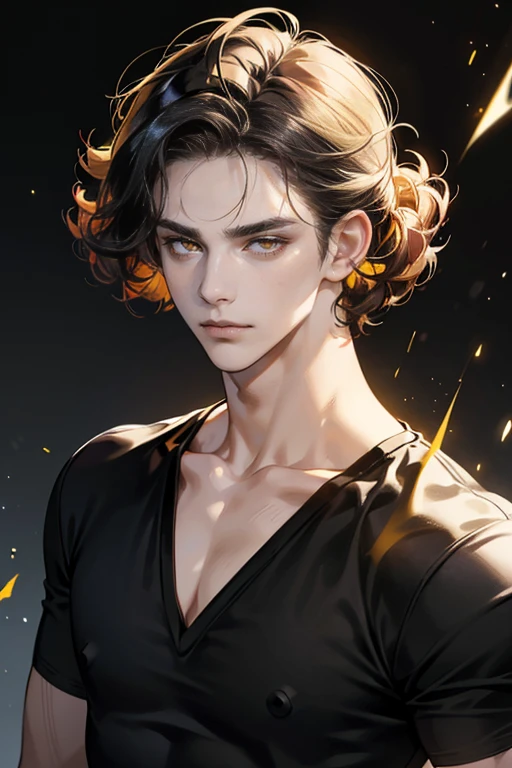 masterpiece, best quality, realistic 8K, one mature male, 25 years old, extremely detailed face, ((yellow eyes)), ((short black waved perm hair covering all forehead)), Extremely delicate and stern face ((cold look)), ((sharp eyes)), 21st century, (whole portrait), dark grey color background, red hair, albino boy, black hair, handsome, simple black v-neck t-shirt, bubbling hair, sexy, dark atmosphere, a faint smile, Decadent beauty, bright yellow eyes, masculine, wear only black v-neck t-shirt, model face, attractive