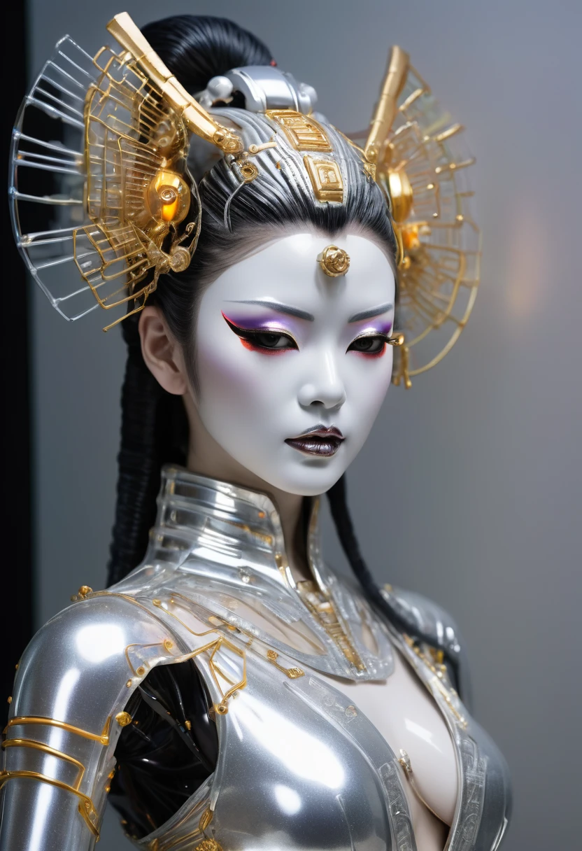 A photograph of mid-twenties Japanese female android made of shiny white and silver translucent glass and plastic, geisha makeup and hairstyle, silver metal internal body mechanisms, dynamic pose, flowing organic construction, glowing golden circuitry, colorful neon trim, glowing circuitry, neon trim, depth of field focus f/2.8, art by H.R. Giger, Greg Rutowski