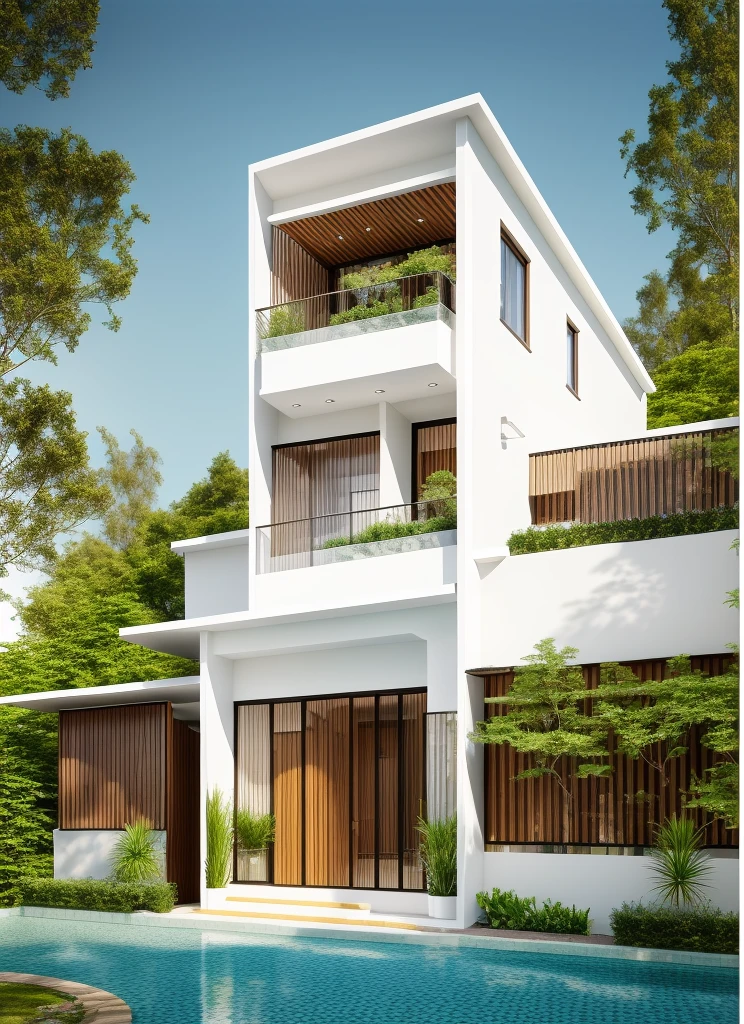 townhouse with bancony, white wall, glass rail, window, mental gate, ( realistic photo)