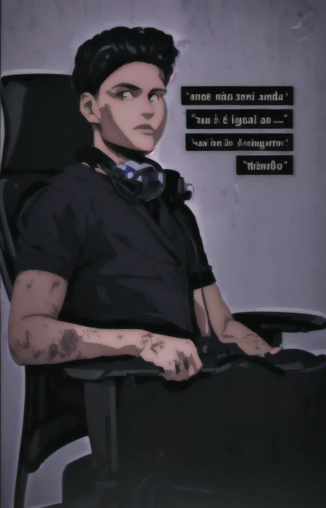 there is a man sitting in a chair with a pair of headphones, foto do perfil 1024px, powder Nándor Katona, dan dos santos, inspirado em Nathan Oliveira, poster, sazed, folha anato finn!!, caio santos, mateus 9 5, daniel mirante, inspired by Antônio Parreiras