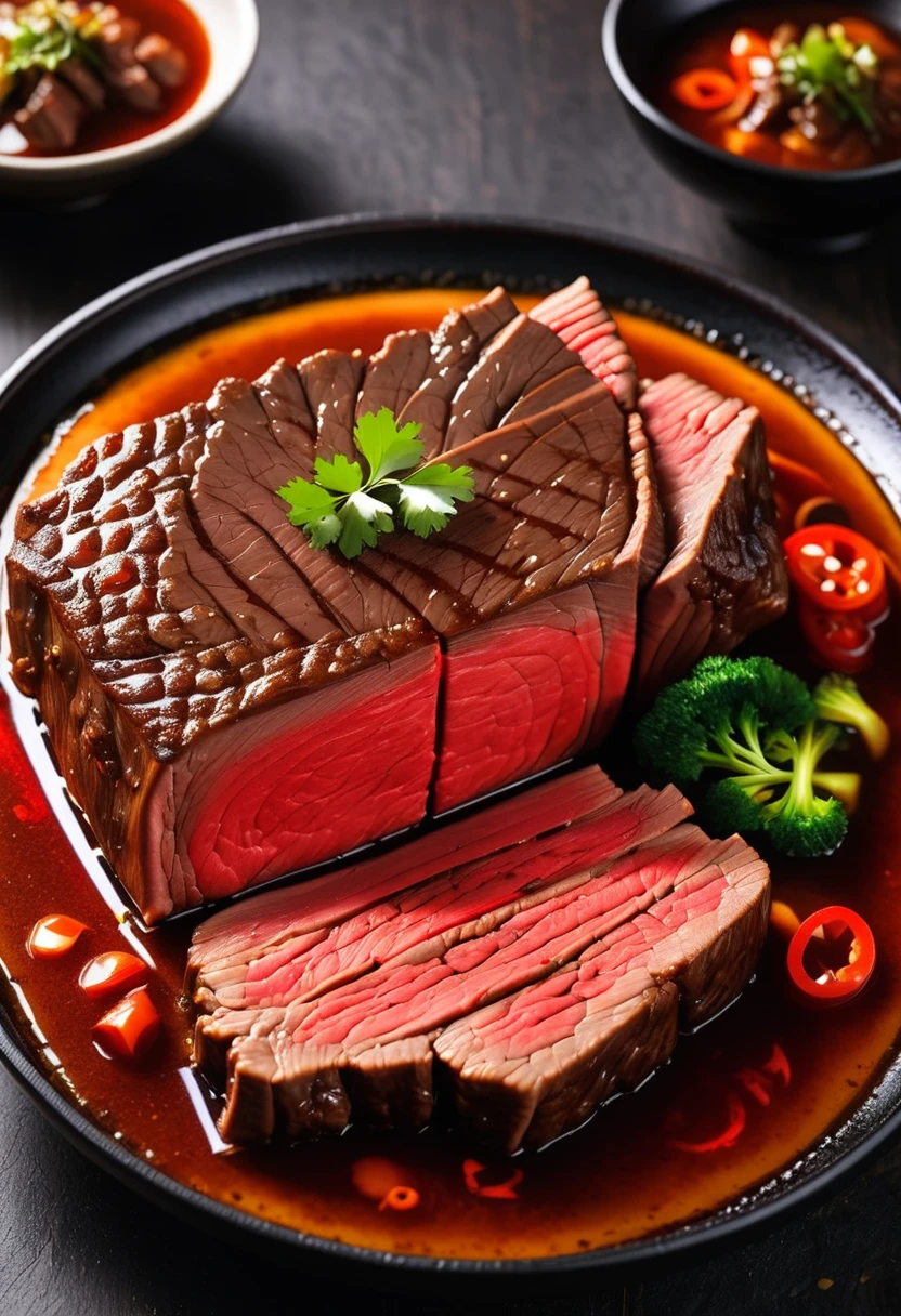 A large cut of beef，Braised，The outside is black，Cut surface is red，Have an appetite，Textured，High realism。