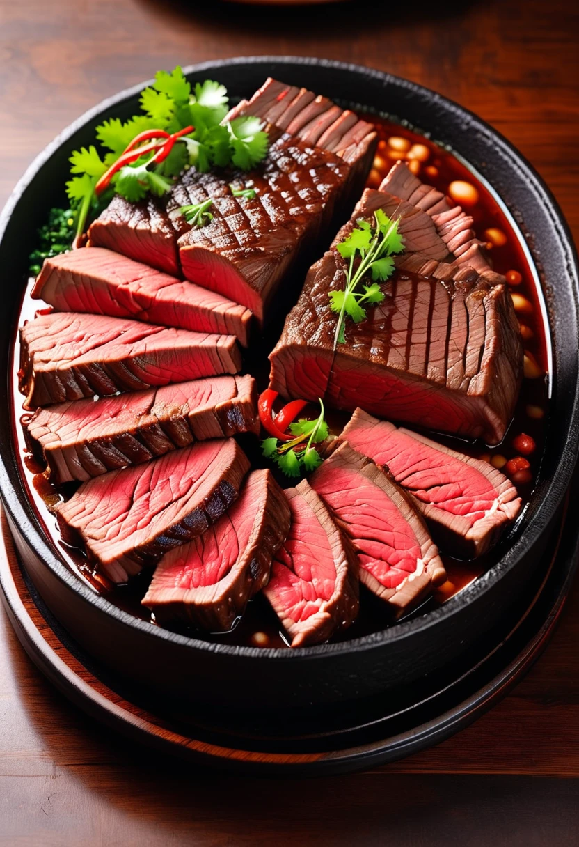 A large cut of beef，Braised，The outside is black，Cut surface is red，Have an appetite，Textured，High realism。