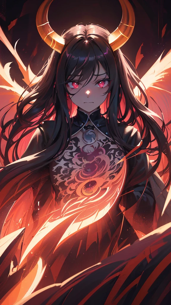 a beautiful long-haired girl with pink eyes, demon horns, demon wings, and a mischievous expression, (best quality,4k,8k,highres,masterpiece:1.2),ultra-detailed,(realistic,photorealistic,photo-realistic:1.37),intricate details,cinematic lighting,dark fantasy,vibrant colors,dramatic shadows,moody atmosphere,digital painting,black hair