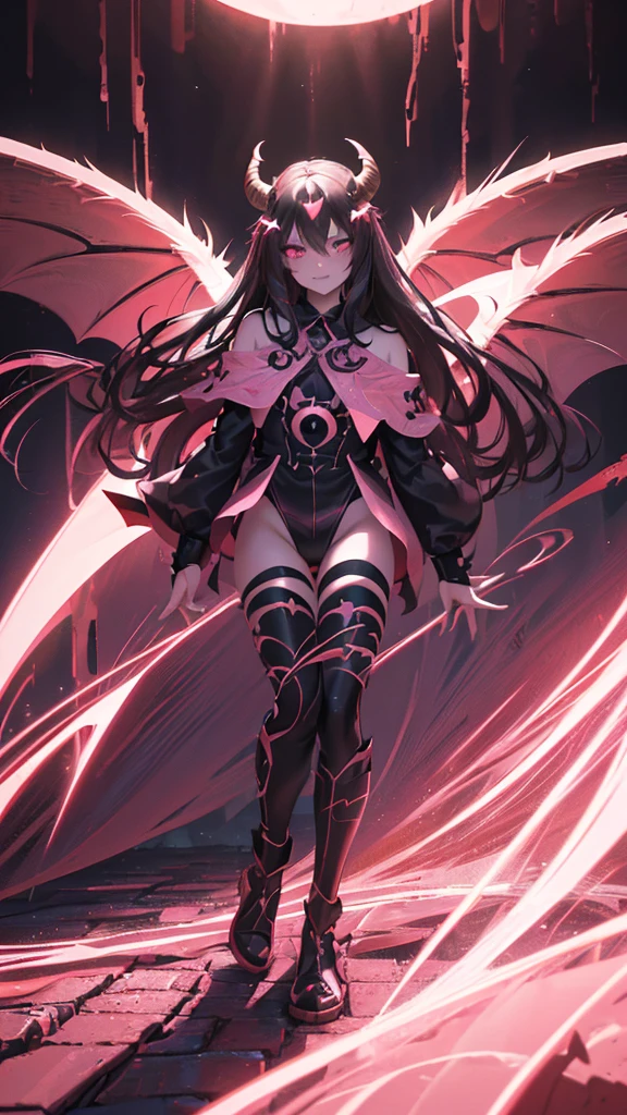 a beautiful long-haired girl with pink eyes, demon horns, demon wings, and a mischievous expression, (best quality,4k,8k,highres,masterpiece:1.2),ultra-detailed,(realistic,photorealistic,photo-realistic:1.37),intricate details,cinematic lighting,dark fantasy,vibrant colors,dramatic shadows,moody atmosphere,digital painting,black  hair 