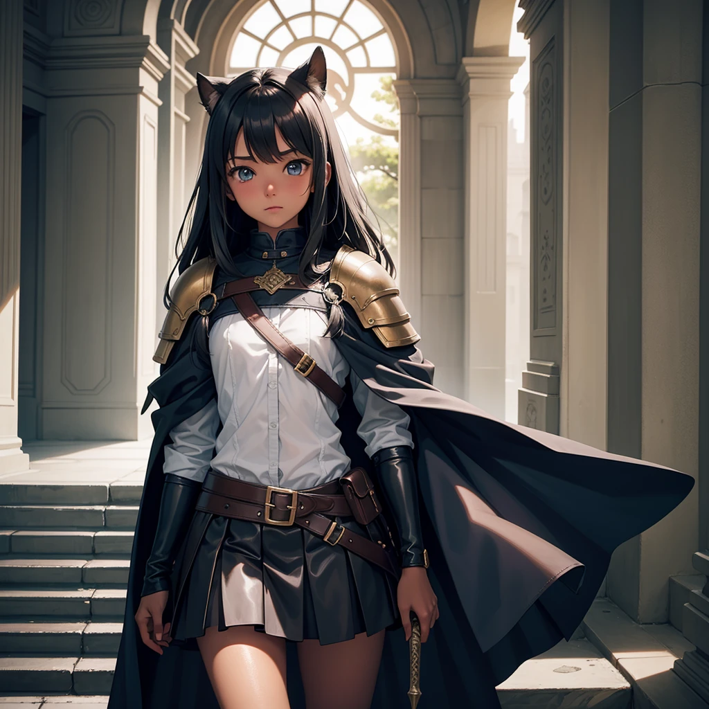 Brown eyes, Excited girl, cabelos preto e longos, Thin,Dark military uniform, Superskirt, Chinese and Japanese naval battleships,the night, short skirt,dark cape,Sword in hand,Bare legs and feet,There are abrasions on the face,tmasterpiece,Ultra-detailed face,Crossed waist with one hand,With a smile,face photorealistic,Body details,Leg details,Wallpapers,Raised sexy,Realis,Cat ears,looking at viewert,long leges,超高分辨率,multiple persons,The legs are covered with bandages,slenderness,Dynamic light and shadow