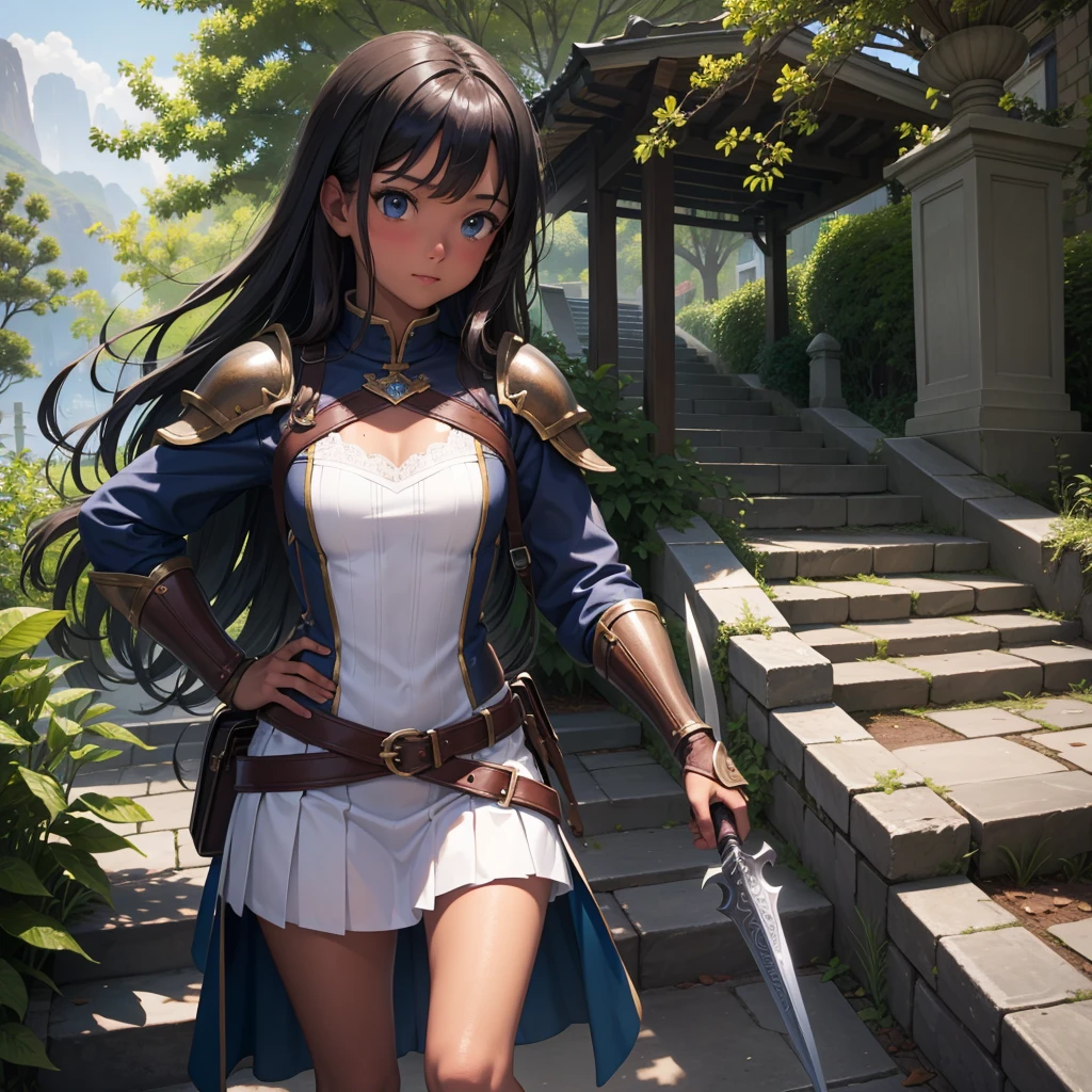 Top quality. Painting by Akihiko Yoshida. Hand drawn. Character design. Girl. A world of swords and sorcery. Miniskirt. Rear view. --auto --s2