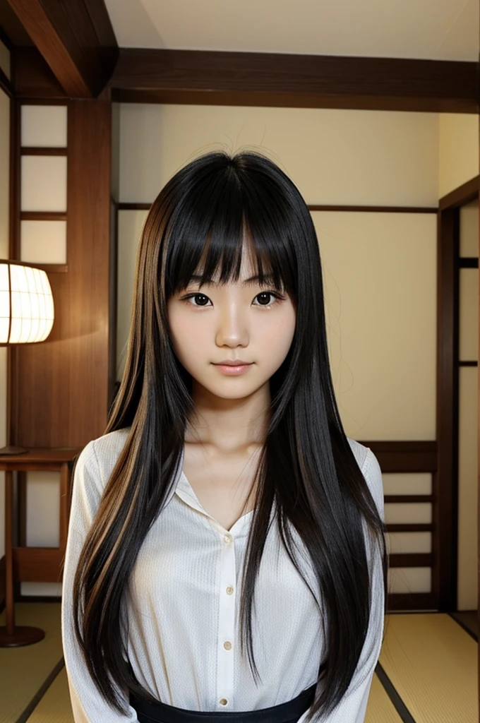 Create a picture of a beautiful japanese girl long hair have a bang age about 20 years old height around 160 cm.