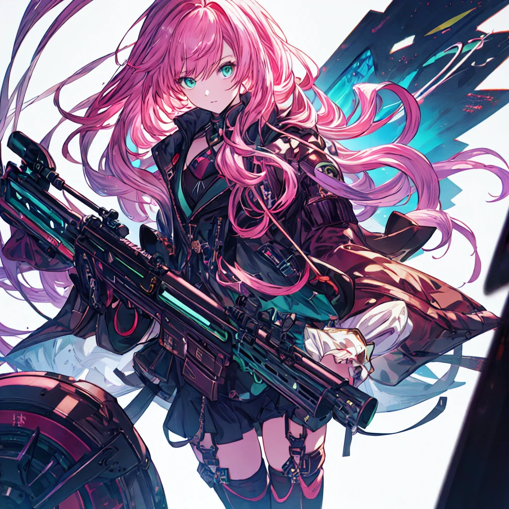 1girl、[17277fbe68],minaba hideo、High quality、Maximum detail、(((highest quality、Masterpiece、Official Art、The best dynamic composition)))、(Fine hair)、(Tabletop, highest quality), Super detailed, Anime Style, whole body, Cyberpunk Girl, Gripping a high-tech rifle, Pink Hair, Glowing green eyes, Wearing a magical girl costume , 8K High Resolution, Trend Art Station, White Background, Standing in the Wilderness, whole body,