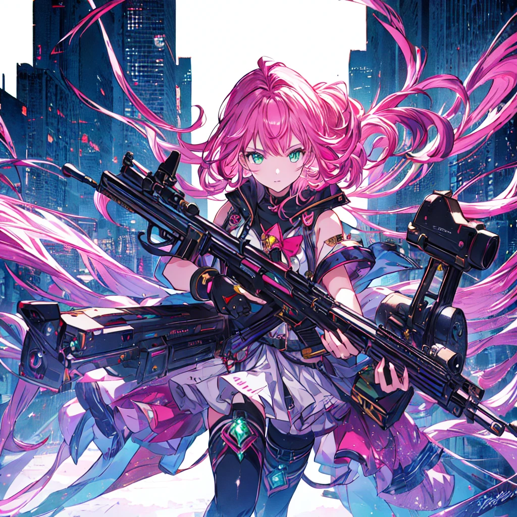 1girl、[17277fbe68],minaba hideo、High quality、Maximum detail、(((highest quality、Masterpiece、Official Art、The best dynamic composition)))、(Fine hair)、(Tabletop, highest quality), Super detailed, Anime Style, whole body, Cyberpunk Girl, Gripping a high-tech rifle, Pink Hair, Glowing green eyes, Wearing a magical girl costume , 8K High Resolution, Trend Art Station, White Background, Standing in the Wilderness, whole body,
