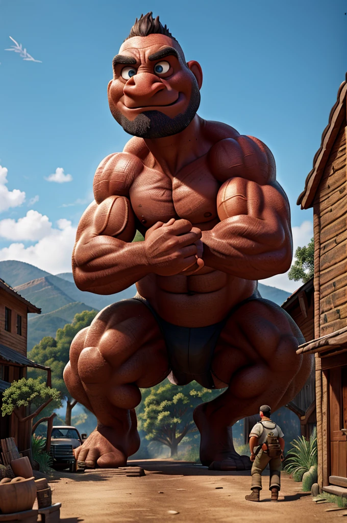 a giant muscular dinosaur with massive biceps, walking through a small rural village, detailed , photorealistic, 8k, extremely detailed, cinematic lighting, dramatic pose, detailed texture, (best quality, 4k, 8k, highres, masterpiece:1.2), ultra-detailed, (realistic, photorealistic, photo-realistic:1.37), hyperrealistic, cinematic, dramatic lighting, intricate details, hyper detailed scales, powerful muscles, intimidating presence, lush vegetation, rustic village, wooden buildings, dirt roads, curious onlookers, dramatic composition