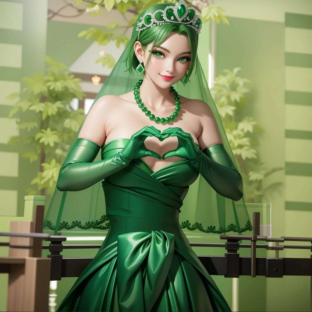 Emerald tiara, Green Pearl Necklace, ボーイッシュな非常に短いGreen Hair, Green Lips, Smiling Japanese woman, Very short hair, Busty beautiful lady, Green Eyes, Green satin long gloves, Green Eyes, Emerald Earrings, Green veil, Heart with both hands, Green Hair, Beautiful Japanese Women, Heart shaped hands:1.3, green lip gloss
