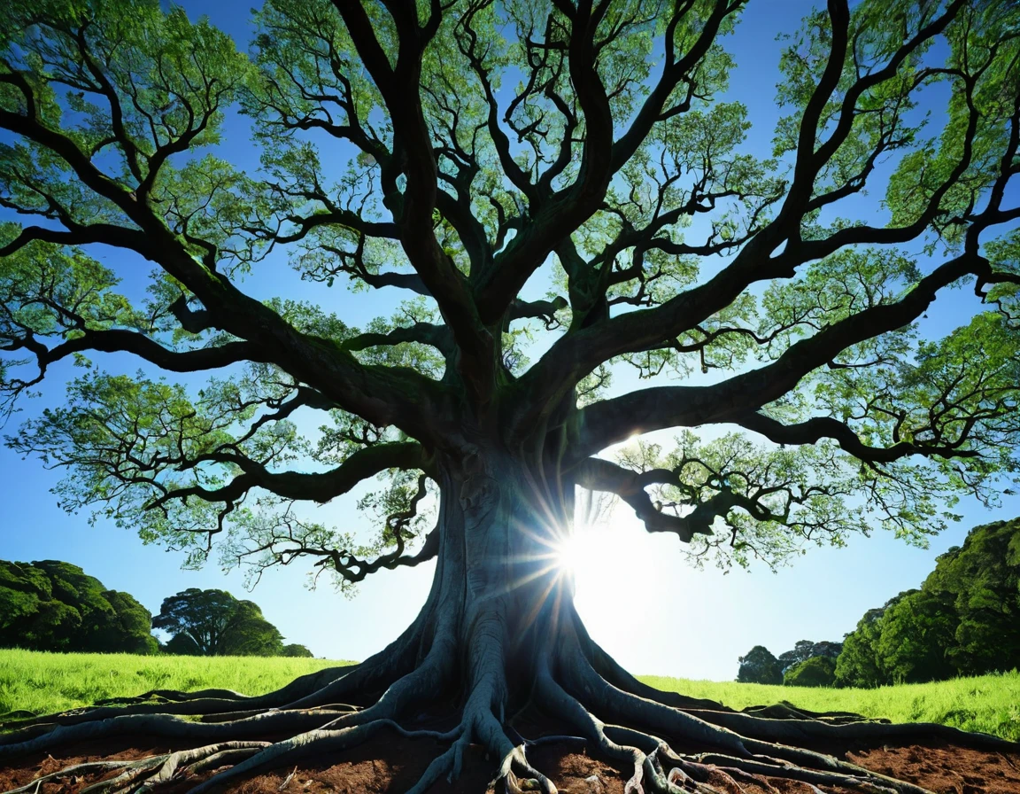 Generate a 4K image of a majestic tree with roots growing upwards into a bright blue sky, symbolizing a connection between earth and heaven. Use a low-angle shot to emphasize the grandeur of the tree and its roots. The lighting should be natural daylight, with the sun casting gentle shadows. The image should be highly detailed, in sharp focus, and of very high quality with no blur.