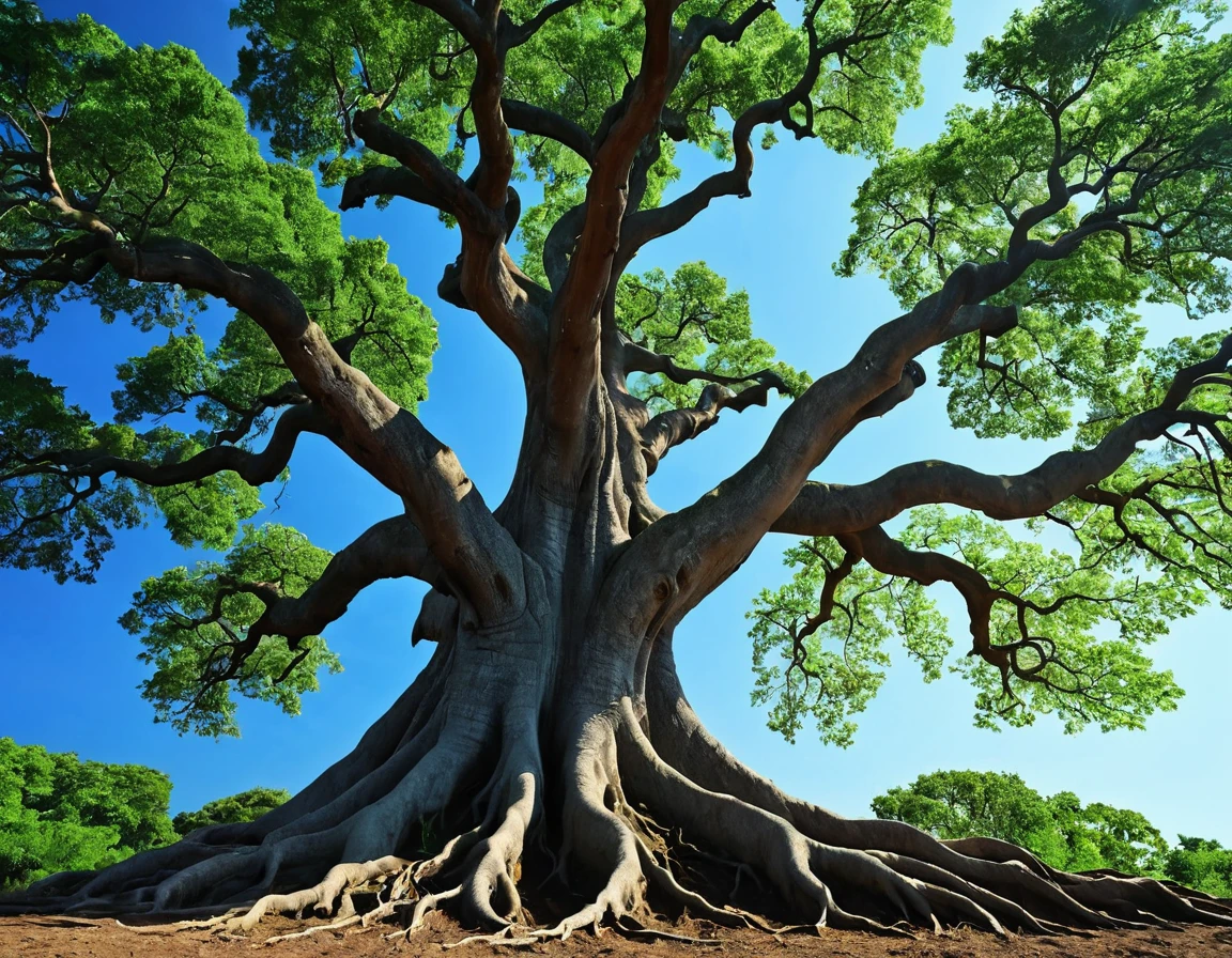 Generate a 4K image of a majestic tree with roots growing upwards into a bright blue sky, symbolizing a connection between earth and heaven. Use a low-angle shot to emphasize the grandeur of the tree and its roots. The lighting should be natural daylight, with the sun casting gentle shadows. The image should be highly detailed, in sharp focus, and of very high quality with no blur.
