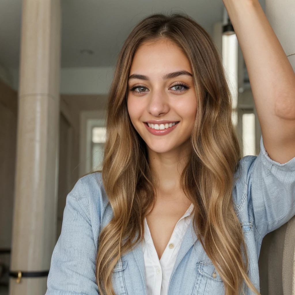 one cute women, 22YO, white, Arab, cute face, realistic brown eyes, blue jacket, blonde/brown hair, cute smile, skinny face, white realistic teethes, big eyes, long hair
