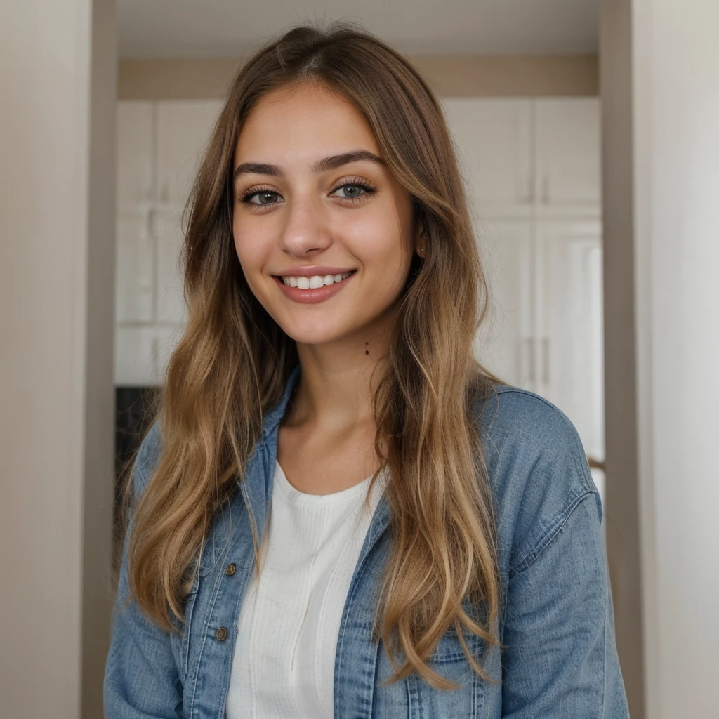 one cute women, 22YO, white, Arab, cute face, realistic brown eyes, blue jacket, blonde/brown hair, cute smile, skinny face, white realistic teethes, big eyes, long hair