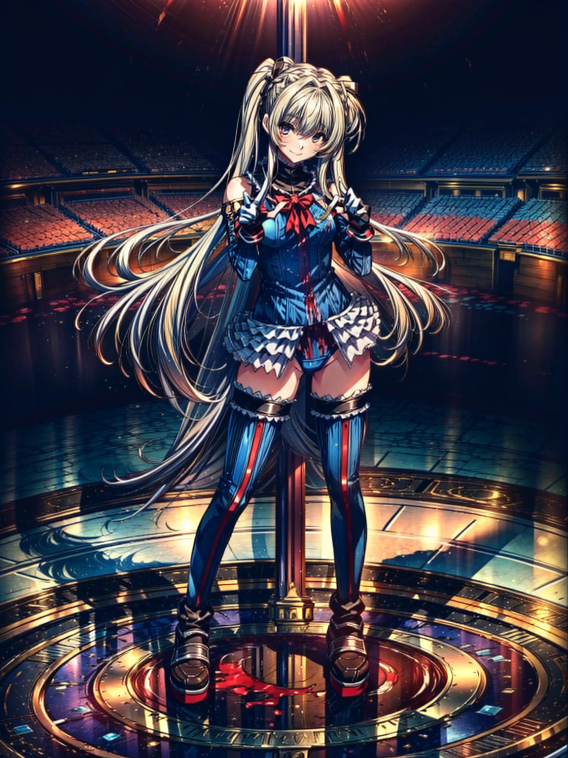 best masterpiece, ultra detailed, best quality, sharp focus, 12K, super high resolution picture, big tits,4K,Perfect Anatomy, highest quality, Marie Rose,Wicked Smile,Provocative attitude
,,Wicked Smile,Anime Style,(Ruffled swimsuit, Knee socks, Removed sleeve), (Anime Style:1.4) ,
,(White fingers:1.1,Black gloves),
Hollow Eyes,,1 Girl、(Bloodstained Arena:1.4),,(very long hair:1.6),(full body:1.4),