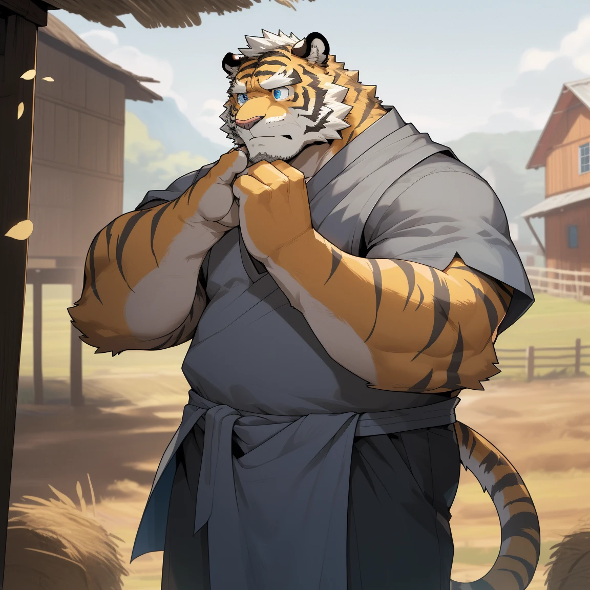 masterpiece, best quality, 8k resolution, Very detailed, hairy，tiger，((White short hair))，Strong body，((Fifty years old)),((Middle-aged and elderly))，(((Blue eyes)))，For the audience，portrait，(Highest quality scene)，(((Gray cloth)))，((Solitary))，Black trousers，whole body，((Touching his chin and thinking))，(Mature)，(((rural)))，((yellow fur)),Standing，((farmer))