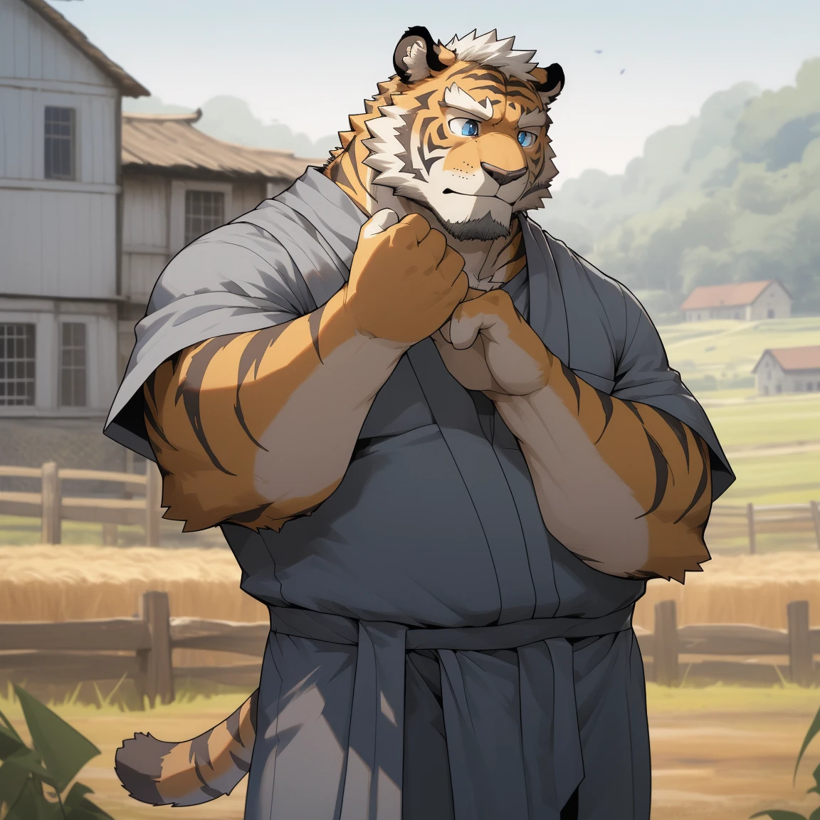 masterpiece, best quality, 8k resolution, Very detailed, hairy,tiger,((White short hair)),Strong body,((Fifty years old)),((Middle-aged and elderly)),(((Blue eyes))),For the audience,portrait,(Highest quality scene),(((Gray cloth))),((Solitary)),Black trousers,whole body,((Touching his chin and thinking)),(Mature),(((rural))),((yellow fur)),Standing,((farmer))