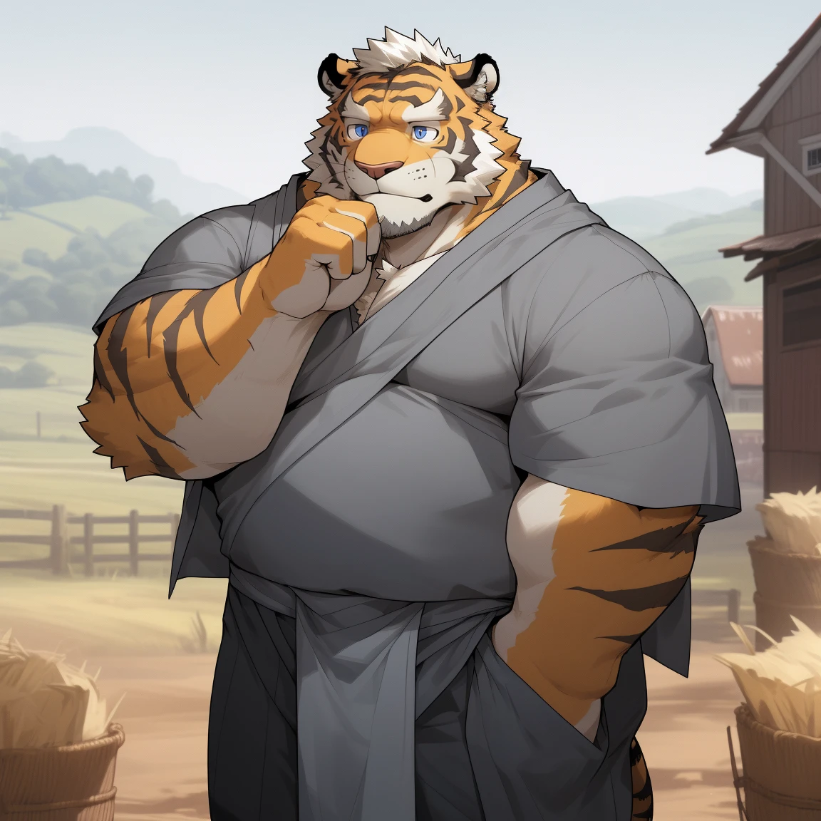 masterpiece, best quality, 8k resolution, Very detailed, hairy,tiger,((White short hair)),Strong body,((Fifty years old)),((Middle-aged and elderly)),(((Blue eyes))),For the audience,portrait,(Highest quality scene),(((Gray cloth))),((Solitary)),Black trousers,whole body,((Touching his chin and thinking)),(Mature),(((rural))),((yellow fur)),Standing,((farmer))