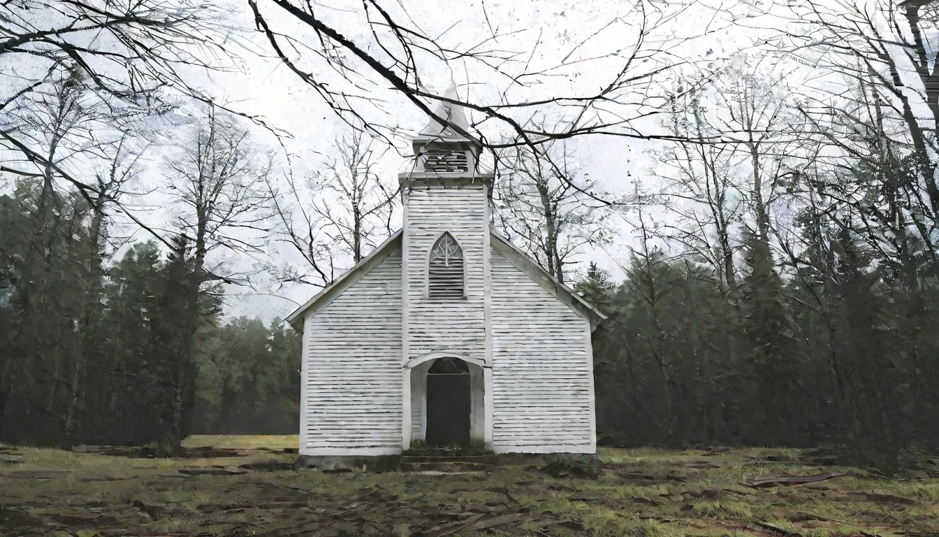 there is a small white church with a steeple on the front, church in the wood, white church background, church, an abandoned old, southern gothic scene, ribbon chapel, churches, southern gothic, marilyn church h, dark gloomy church, an abandoned, shot with a canon 20mm lens, white building, isolated, religious, southern gothic art, haunted