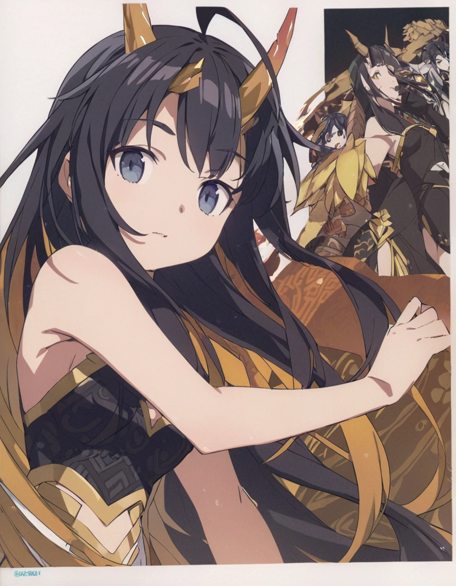A dragon girl with a crystal horn　golden horn　Black Hair
