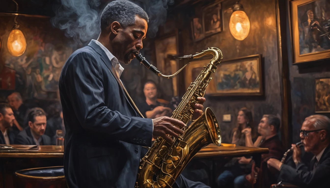 Impressionist painting, a moody scene at a intimate jazzclub, dark and smokey, a sole saxophonist is playing the gig of a lifetime, insane intricate detail, award winning art, raytracing, sharp focus, 8k, hdr, masterpiece, professional, highly detailed, perfect hands
